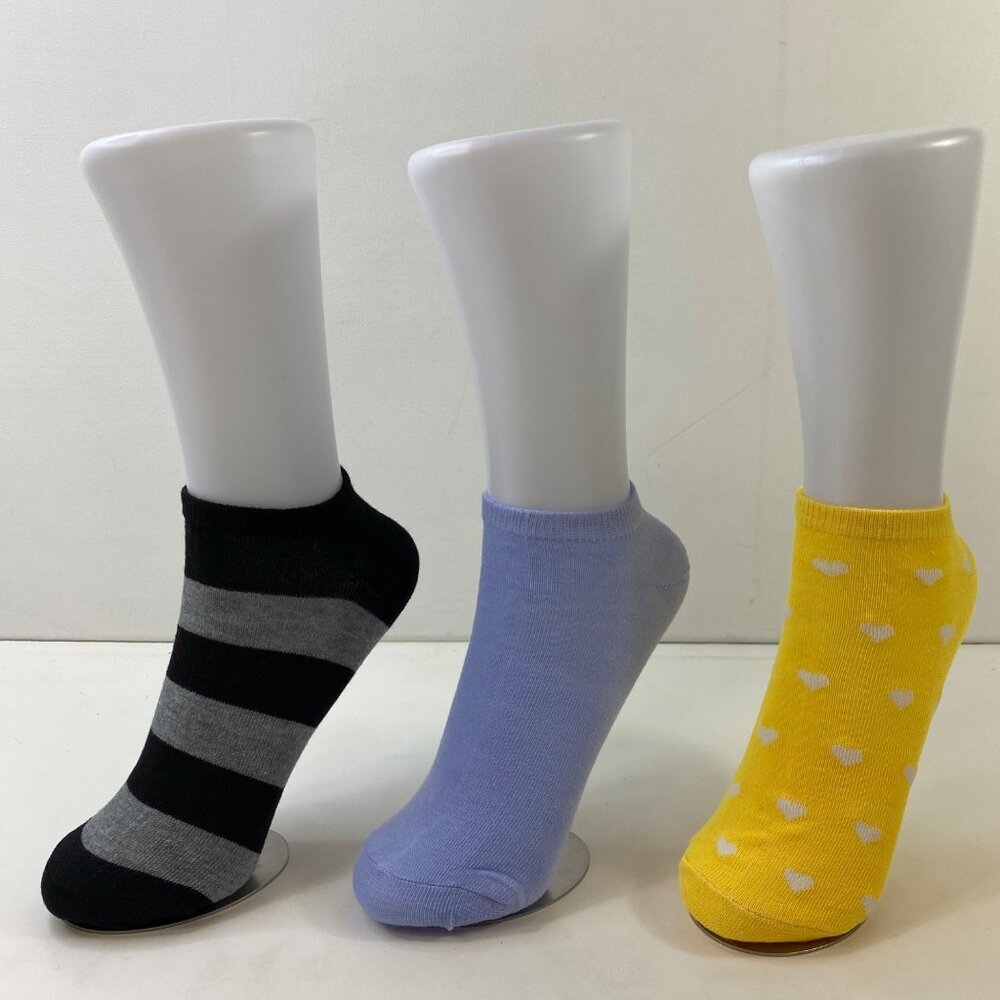 Womens Ankle Socks Set 3 Heart Print Stripes Black Blue Yellow Gray
